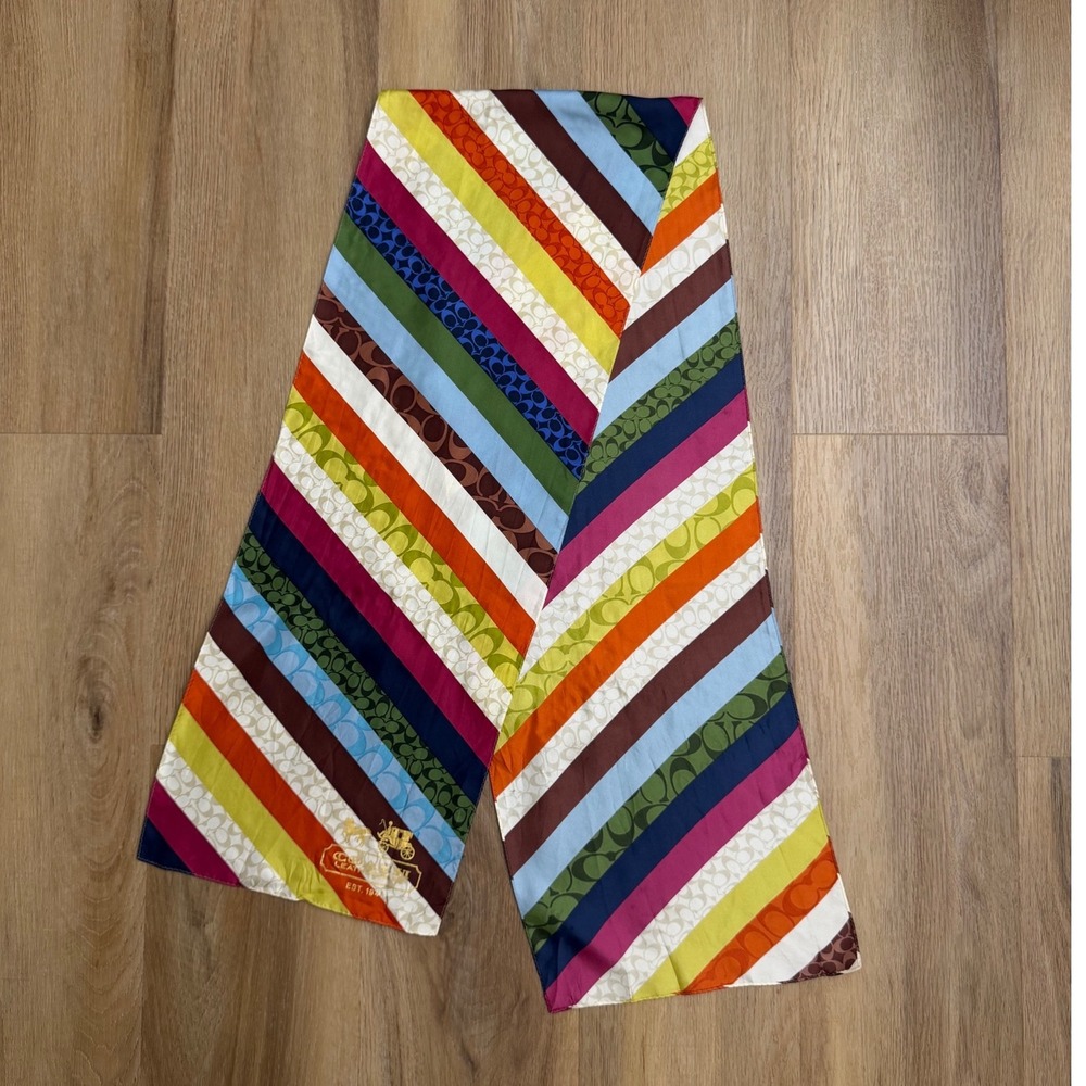 Coach Multi Color Legacy Signature C Logo Silk Oblong Scarf Long striped - Picture 2 of 8